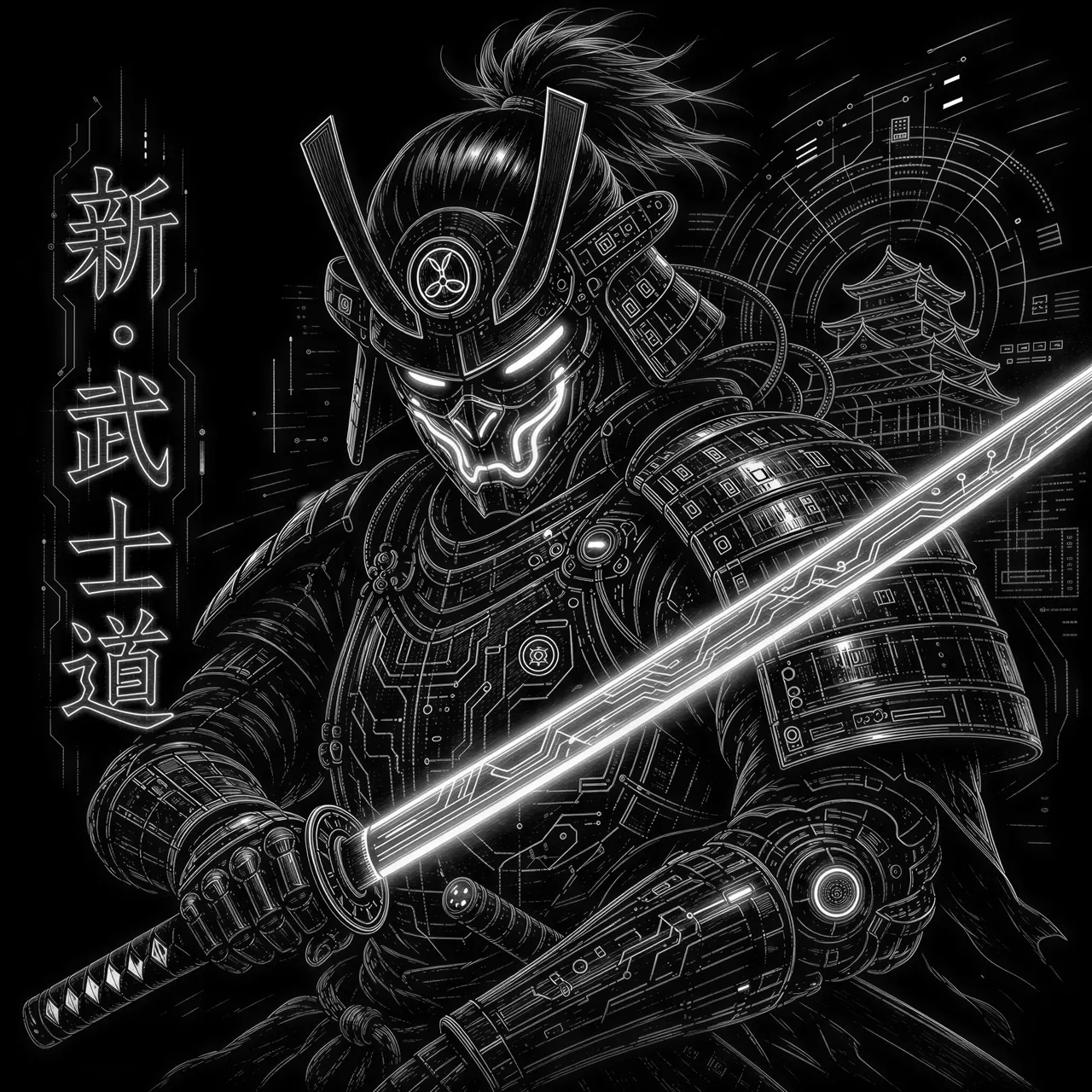 Cyberpunk-samoerai met neonkatana, tech-harnas en gloeiend masker. Circuitpatronen, holografische details, chromen afwerking. "Neo Bushido" in futuristische kanji.