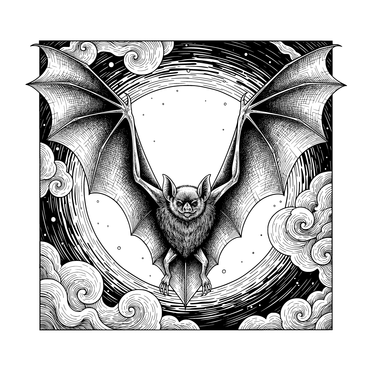 Bat with fine detail flying on a moonlit night