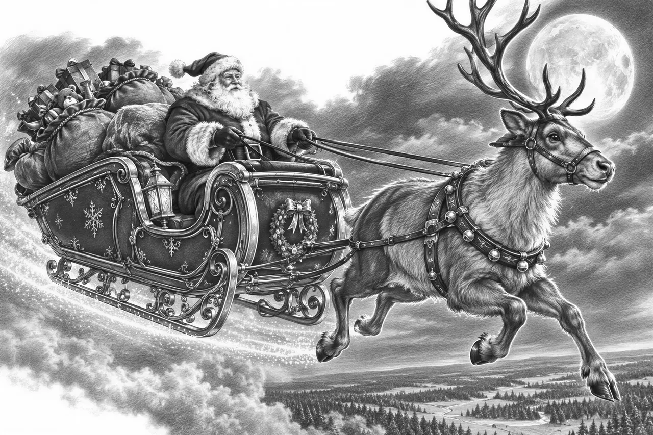 Santa in his sleigh which is full of sacks of toys with a reindeer in front. Show this streaking through the night sky with lots of detail on the sleigh