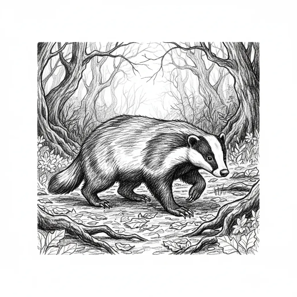 Badger walking through a misty woodland at night