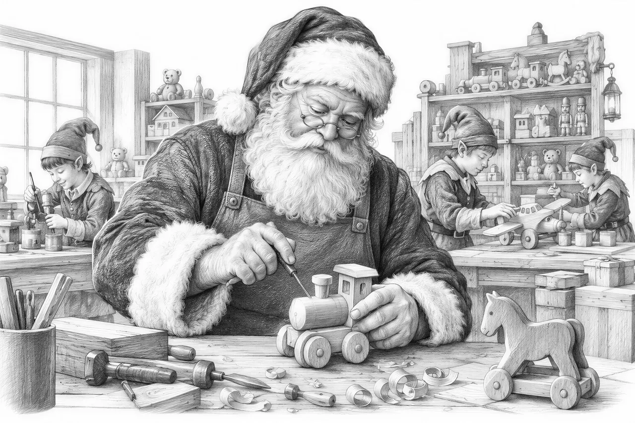 Santa working at a bench in his busy workshop making a toy with elves working on other toys in the background