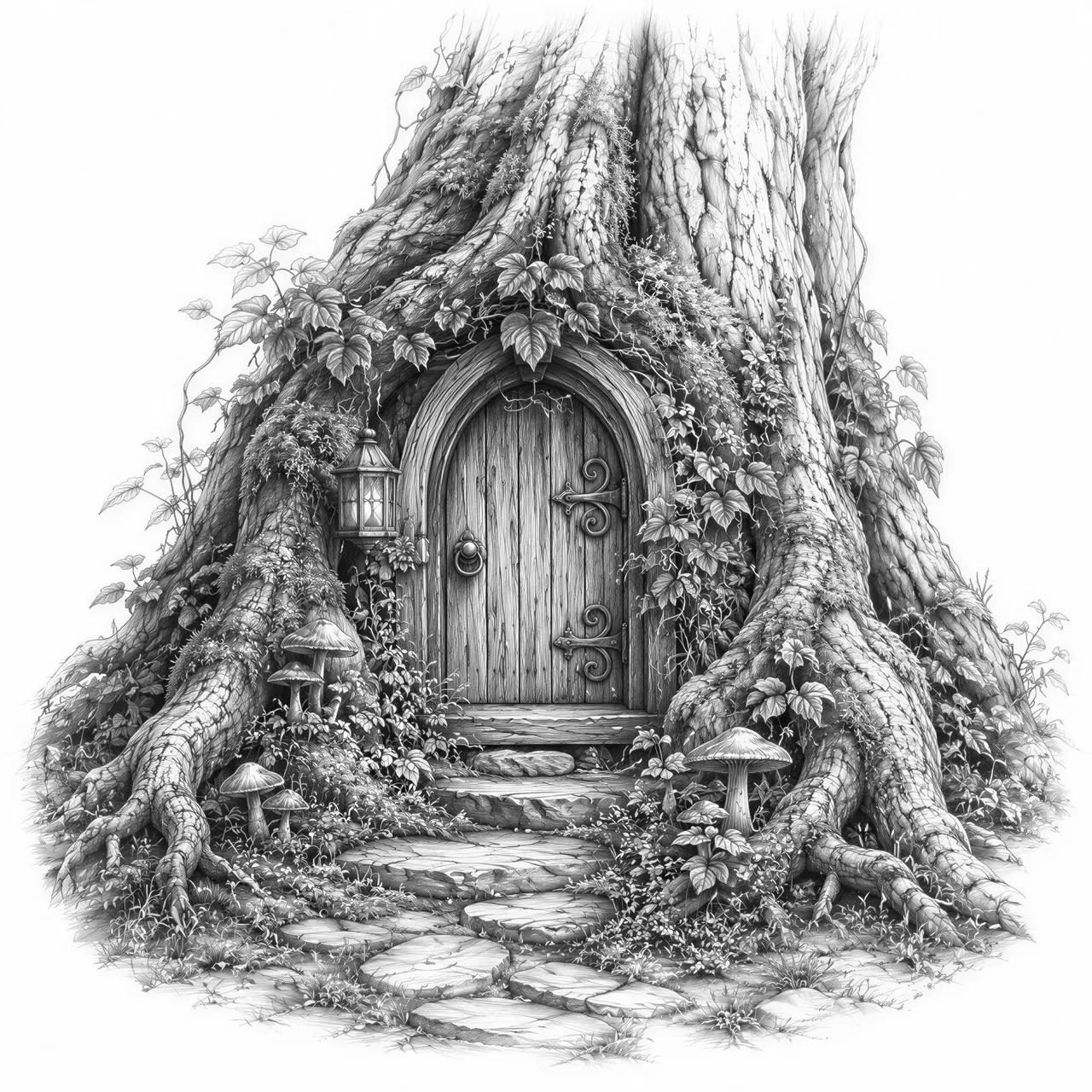 Fairy door set in an ancient woodland with fine detail