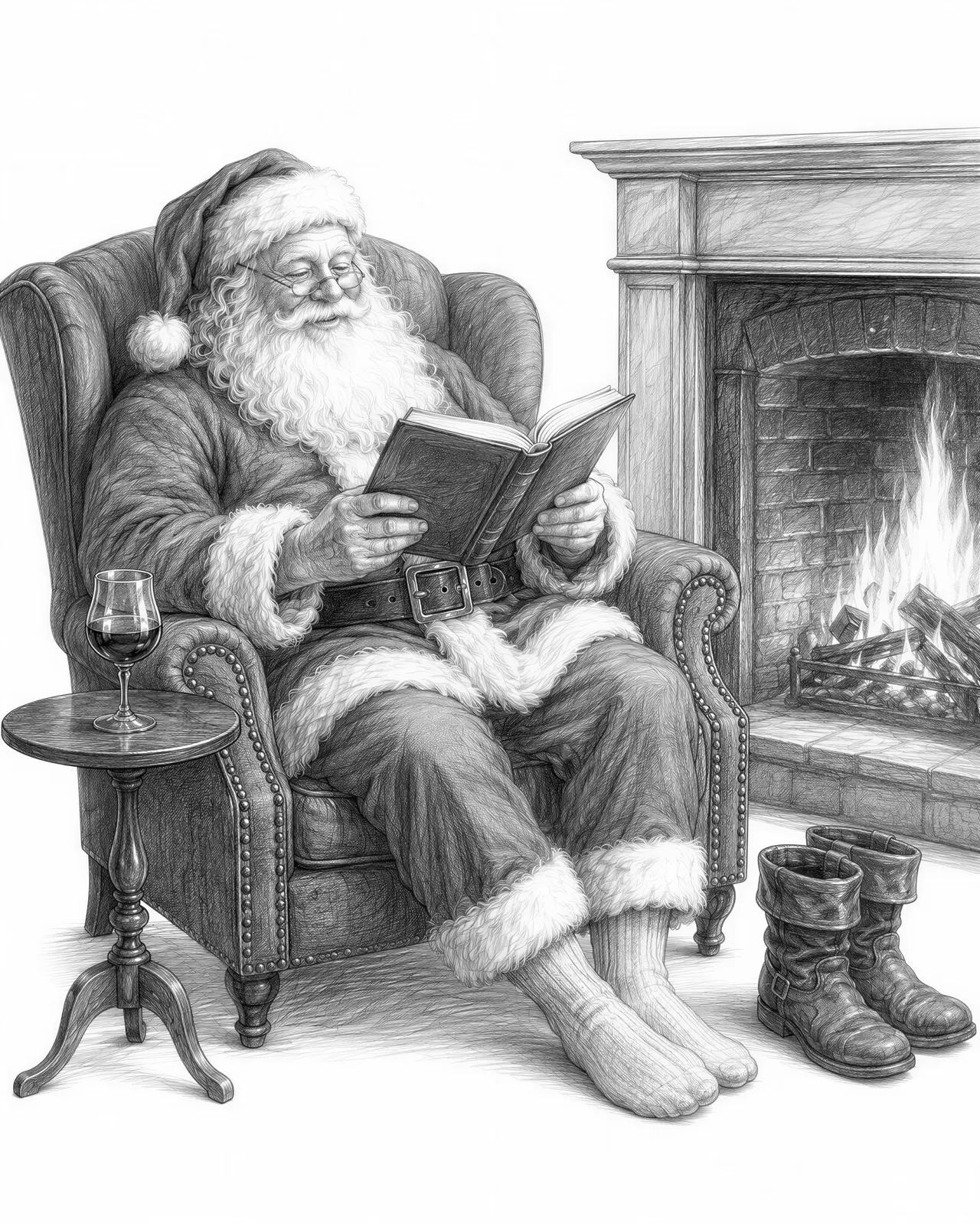 Santa sitting in an armchair next to a fireplace with a fire his boots are off and next to the fire and there is a side table next to him with a glass of port on it he is reading a book