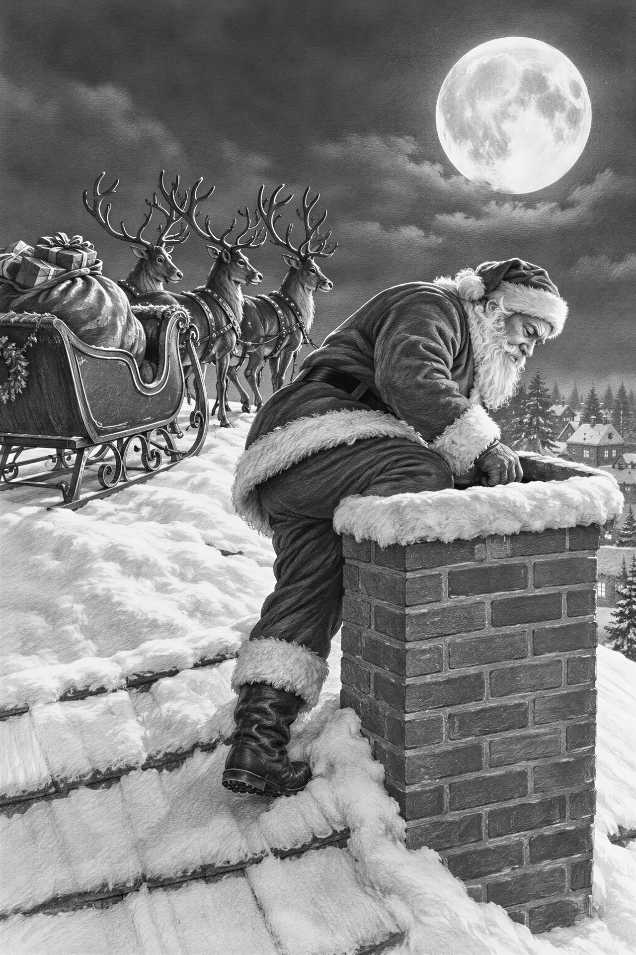 Santa climbing into a chimney of a snow covered rooftop with his sleigh and reindeer on the roof of a moonlit night