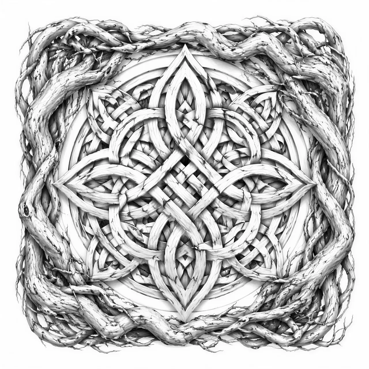 A Celtic knot with intricate details with a frame of twisted and gnarled tree roots with fine detail