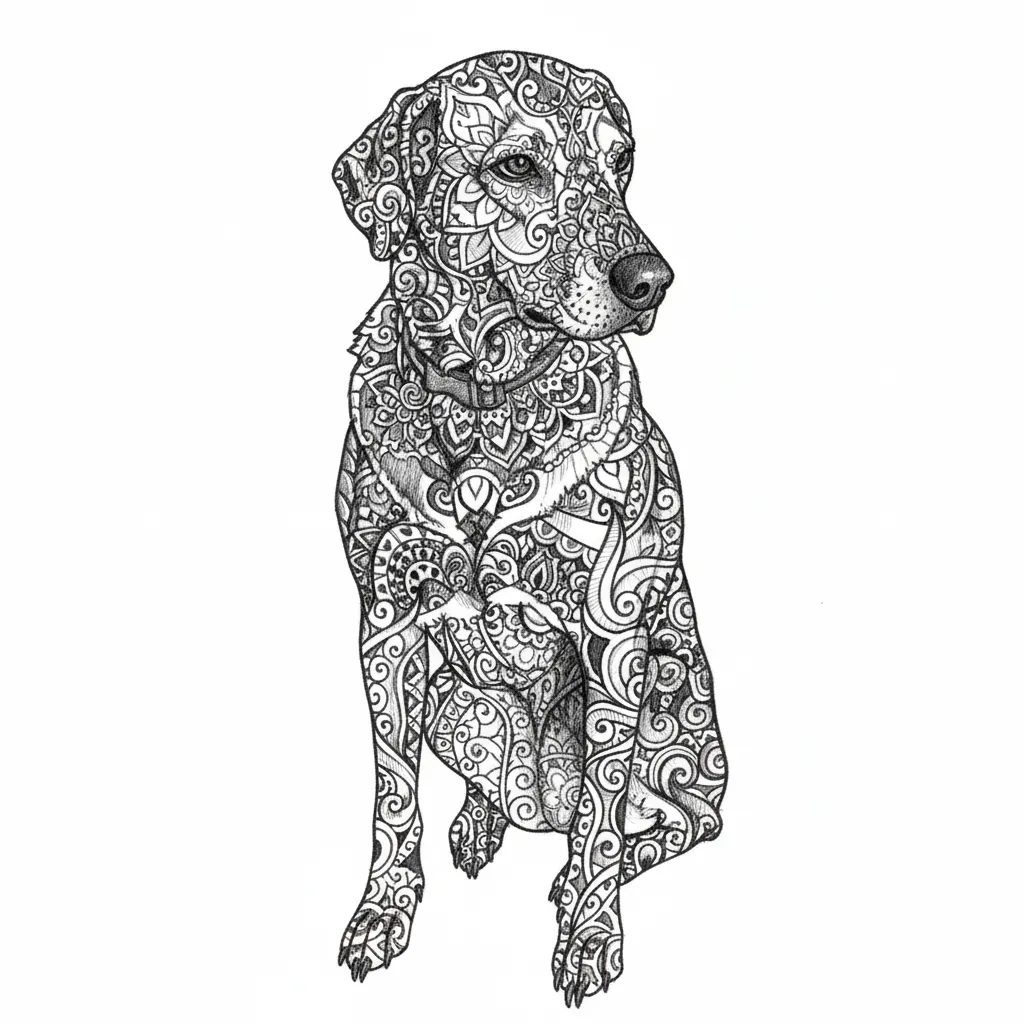 Ornamental dog portrait with intricate mandala patterns and decorative swirls, baroque filigree details, elaborate scrollwork covering the entire body, zentangle style patterns, highly detailed line art, black and white, engraved style, symmetrical ornate designs, flowing curves and spirals, textured patterns, artistic embellishments"