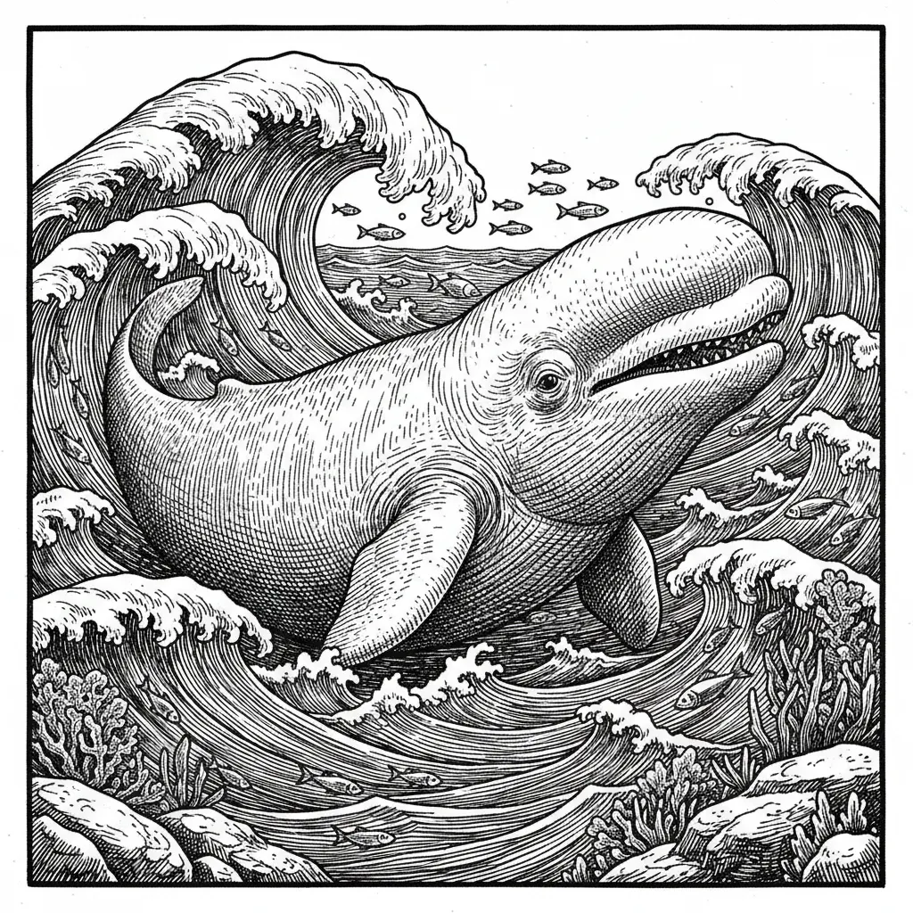highly detailed beluga whale with ocean scene background