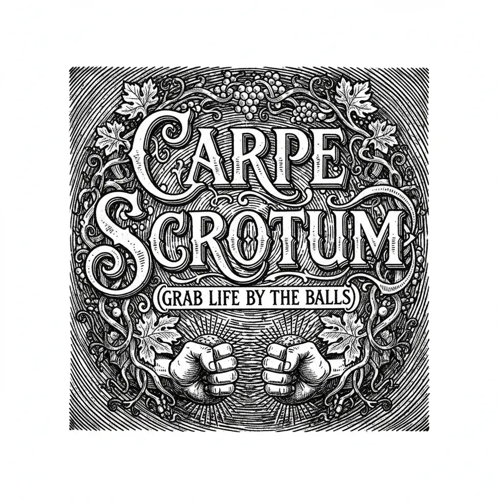 Carpe Scrotum (grab life by the balls) written ornately