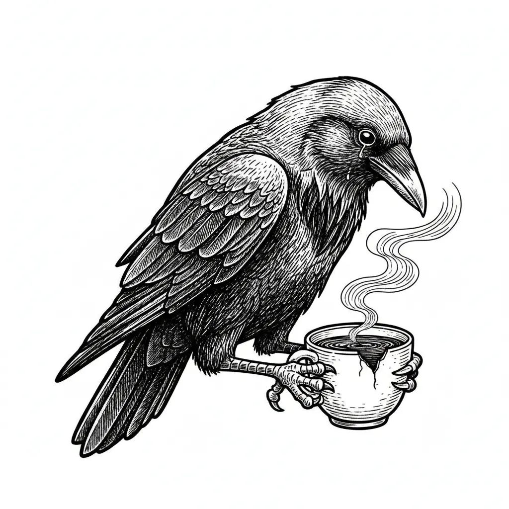 Miserable crow holding coffee cup