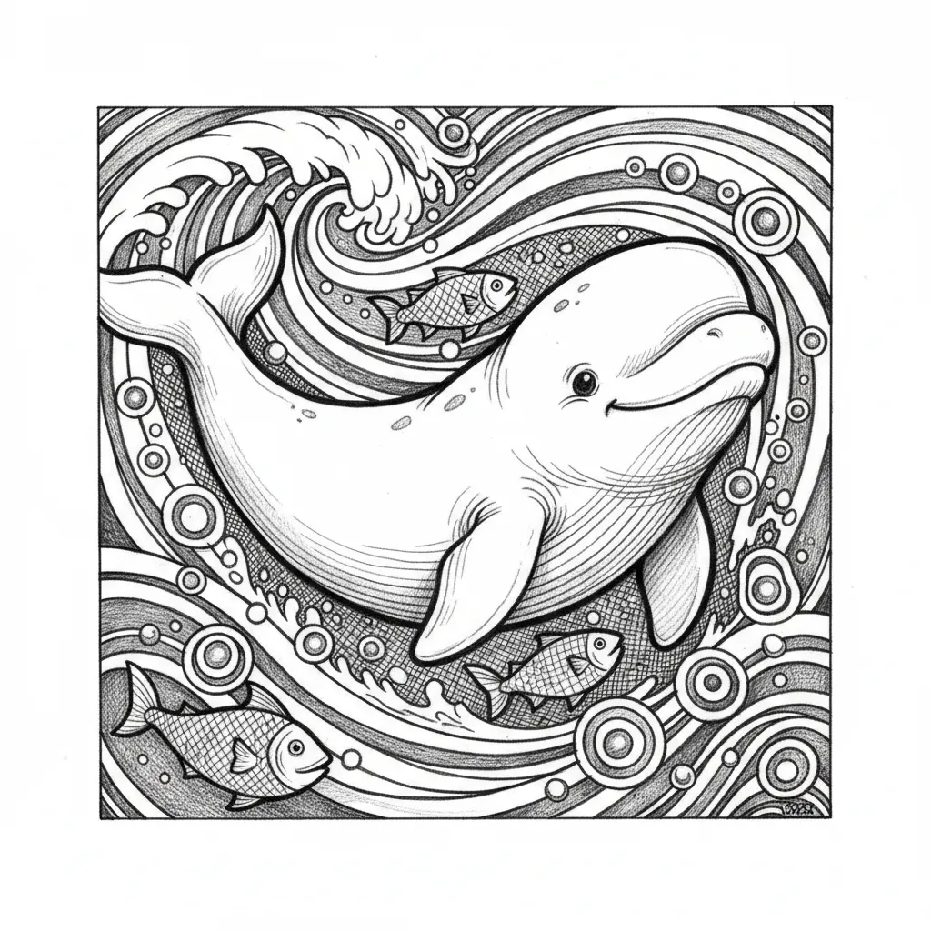 highly detailed beluga whale with ocean scene background