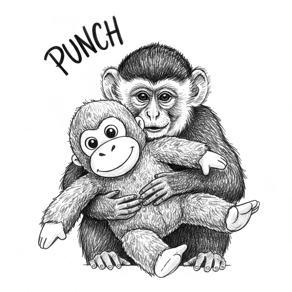 monkey named punch with his stuffed orangutan