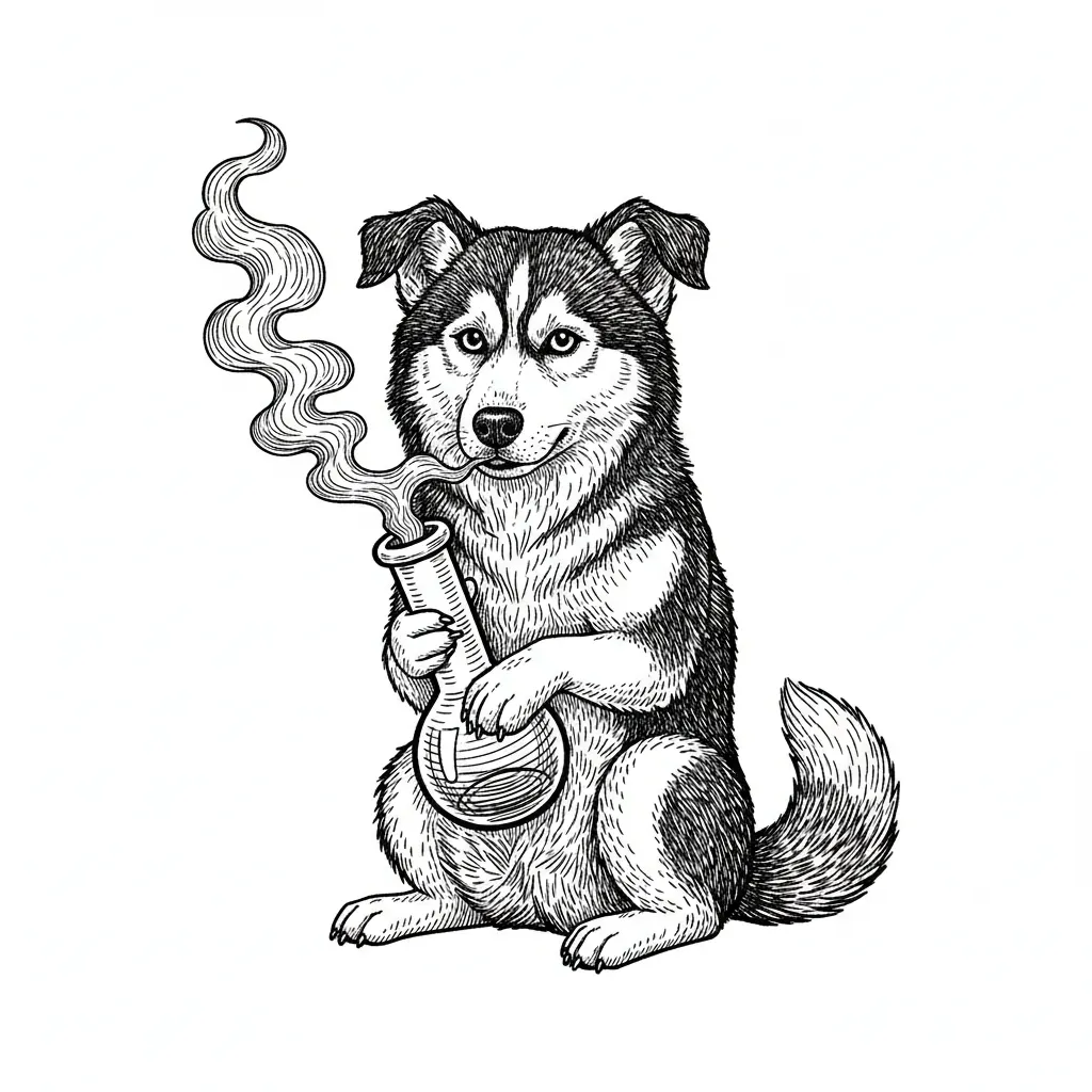 floppy ears husky smoking a bong