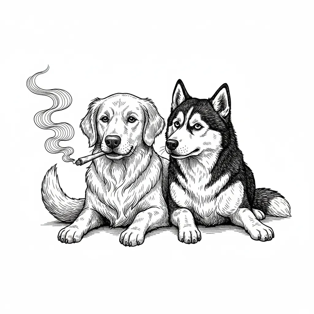 golden retriever and husky with floppy ears smoking a joint