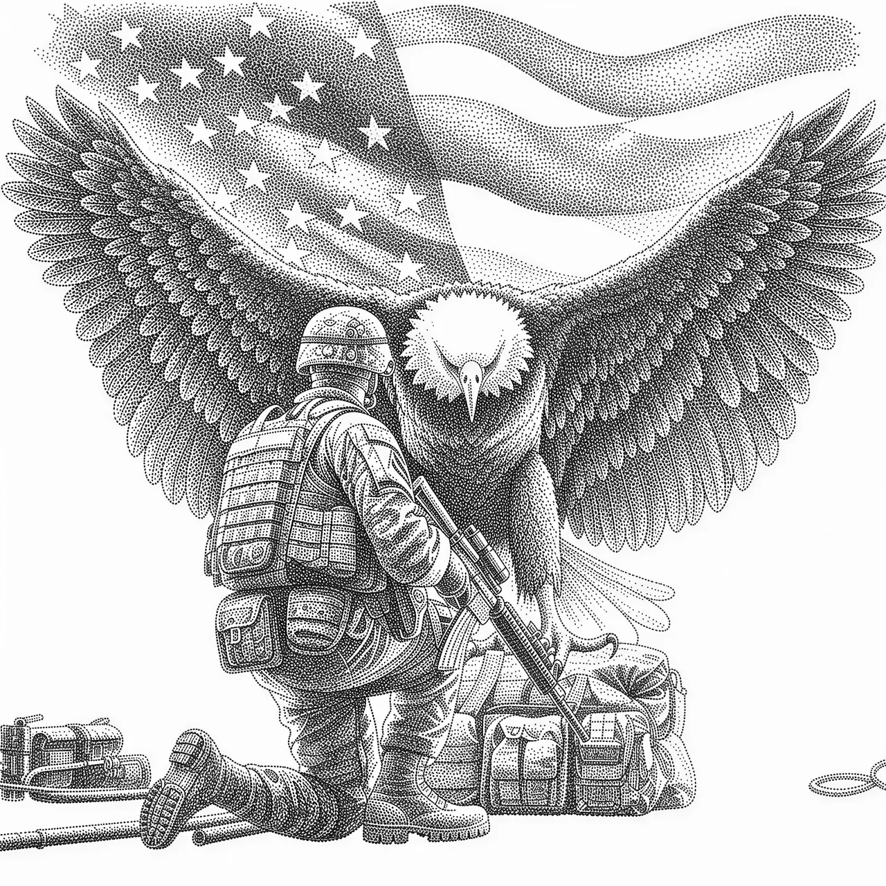 Us Soldier Kneeling Bald Eagle American Flag Rifle - Free PNG Download ...