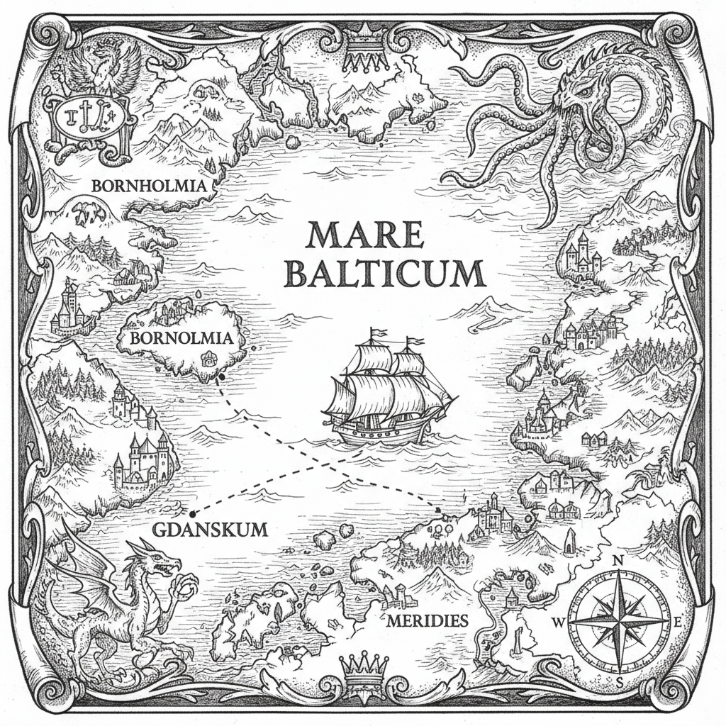 draw a map of Baltic sea showed as medival type map with a small ...