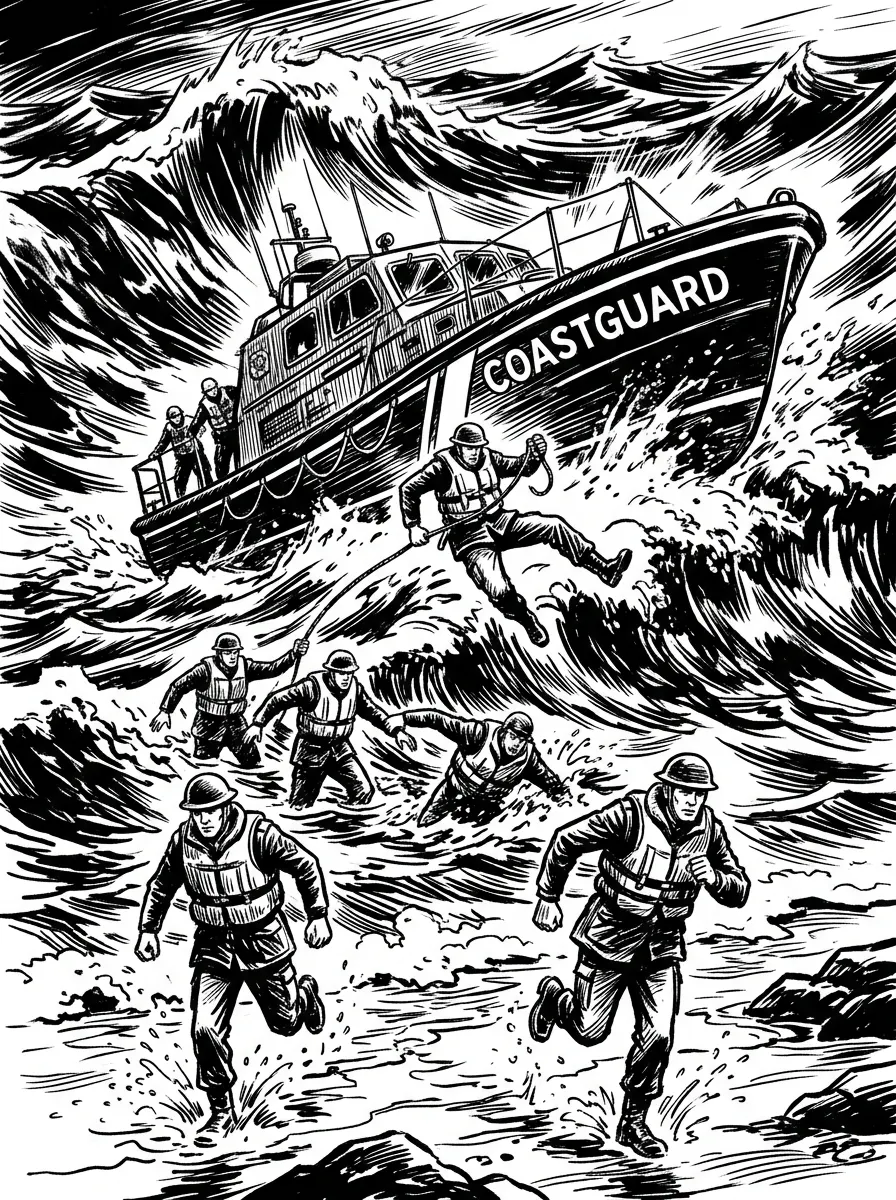 Image of a coastguard boat crashing through the waves in the ocean. CoastGuardsmen on the boat in uniform. Show them jumping off the boat running to shore