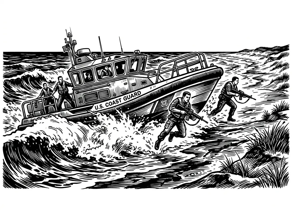 Image of a coast guard boat crashing the waves coming into the beach. On the boat add coastguard men in uniform carrying M4 machine guns. Add them jumping into the water storming the beach