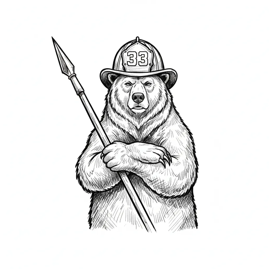 Make me a vector file with a bear holding a spear and and are crossed in front of him. Put a fire helmet on the bear. Add a 33 to the front of the helmet