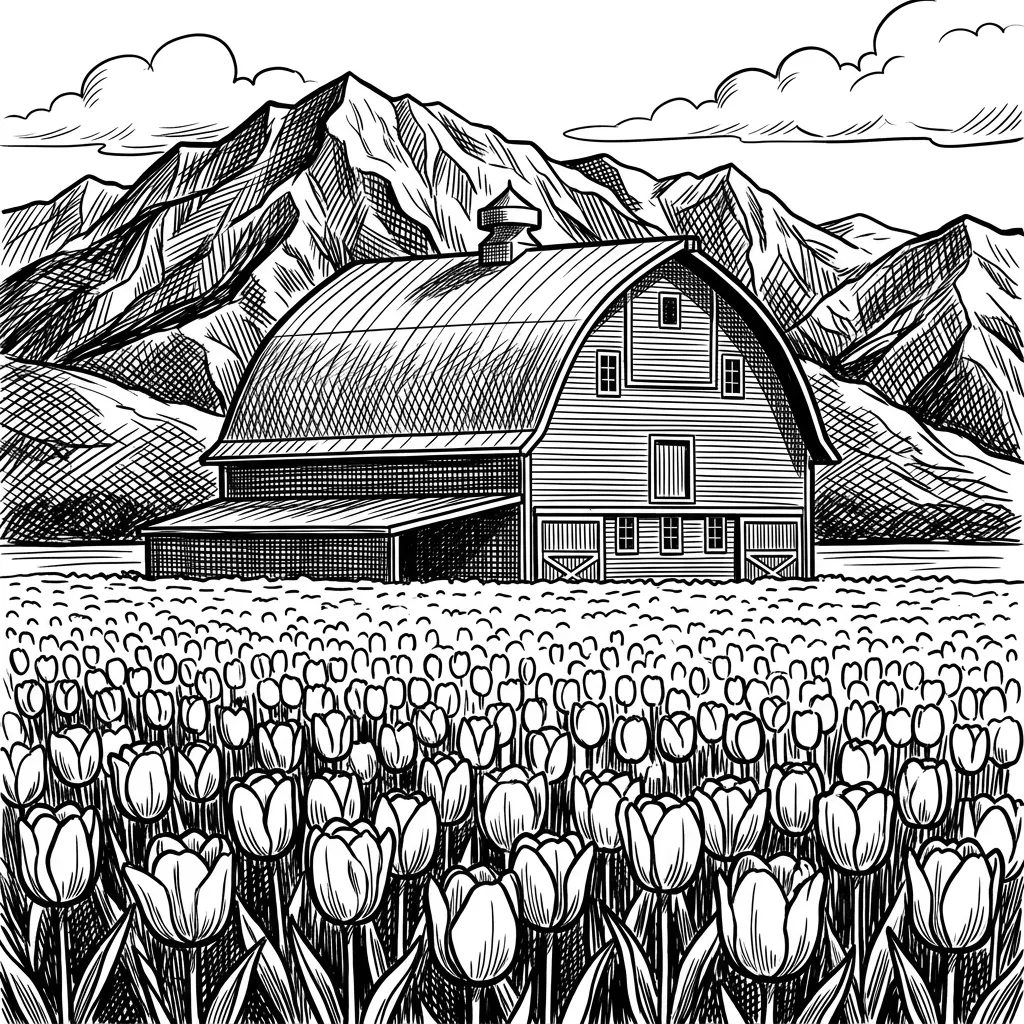 remove the trees from the background and add mountains. remove the people. make this a vector file. add more definition to the tulips