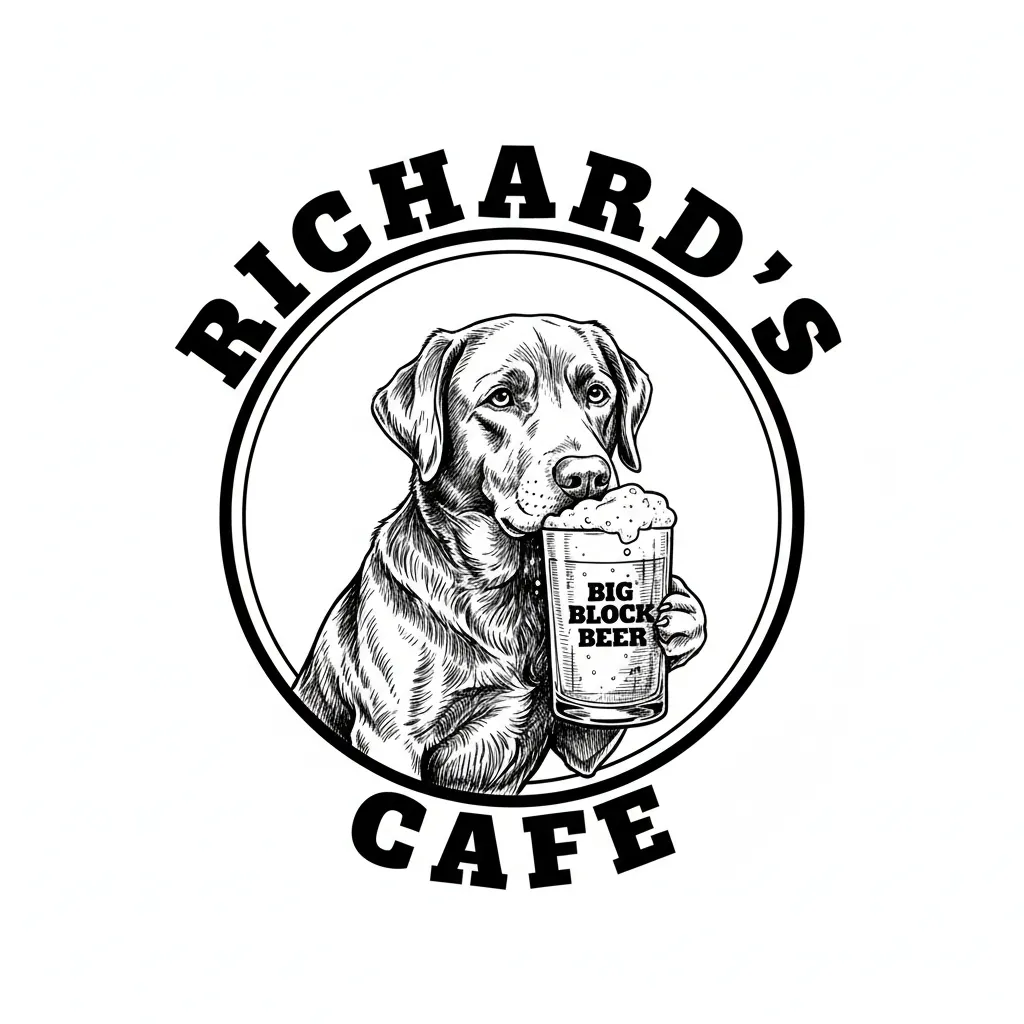 Make a round logo with the word Richard's on top and Cafe on the bottom. Put an image of a chocolate Labrador sipping a pint of Big Block Beer in the middle