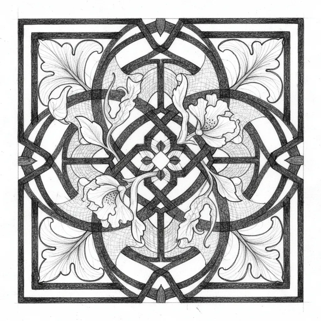 Floral decorative panel with bold connecting lines for laser cutting