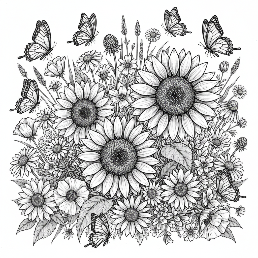 Create an image with wild flowers, sunflowers and butterflies