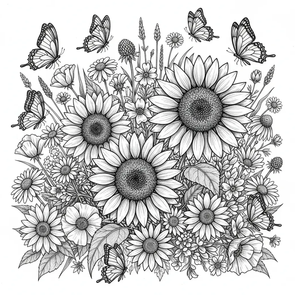 Create an image with wild flowers, sunflowers and butterflies