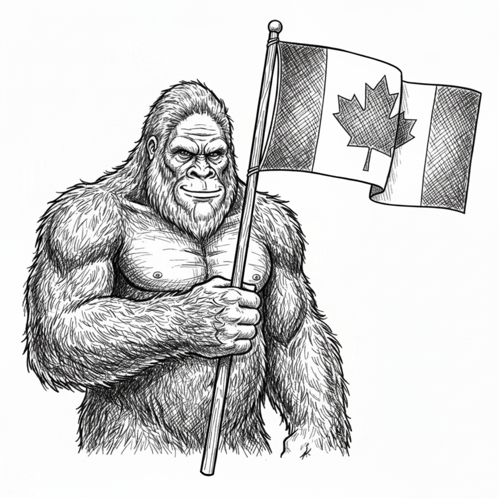 Change the flag to a Canadian flag and make bigfoot smile slightly