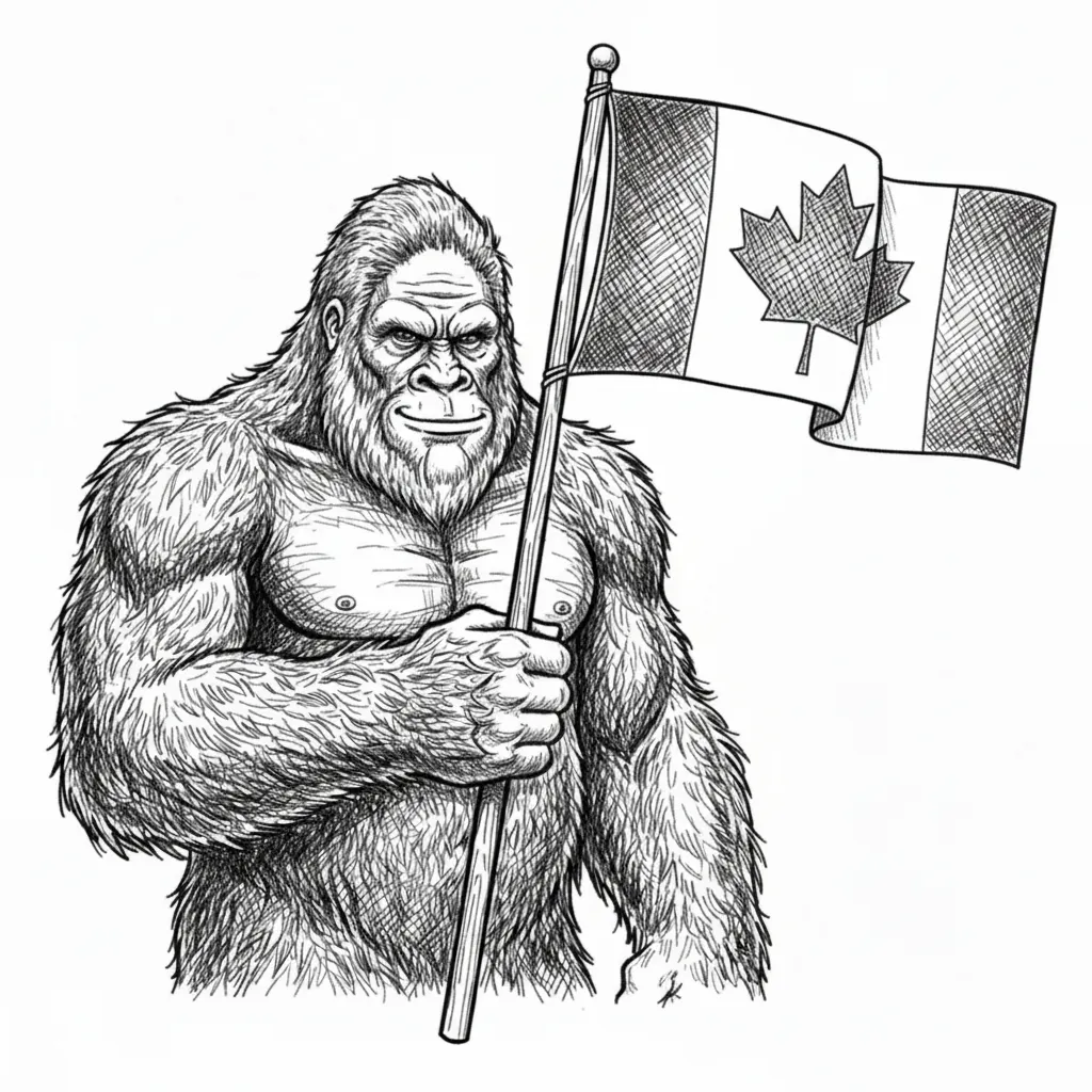 Change the flag to a Canadian flag and make bigfoot smile slightly