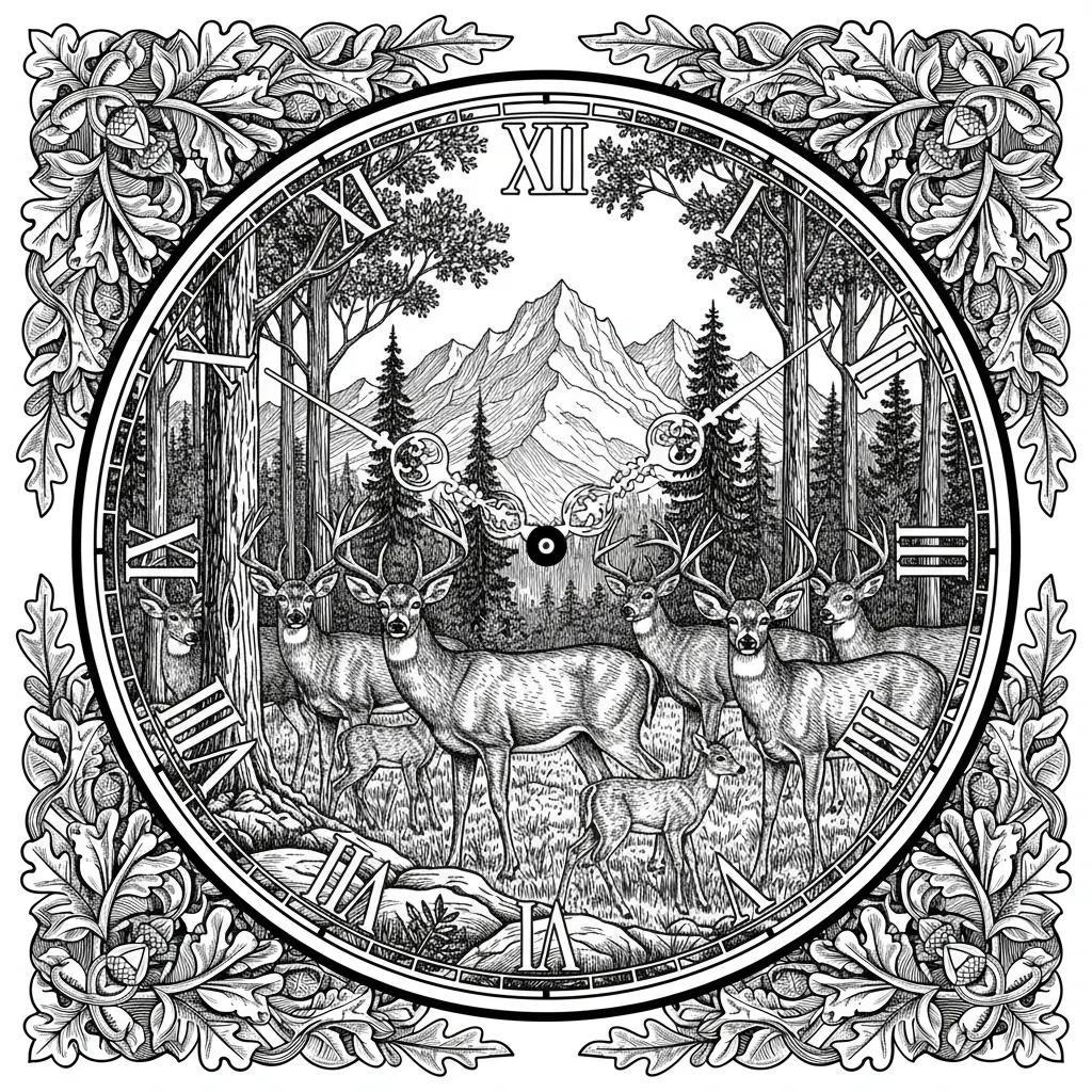 a heard of White tail deer with a forested mountain background in the image of a clock keeping the entire image on a round surface