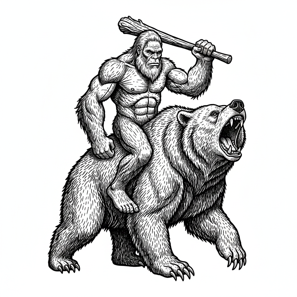 Create an image of Bigfoot riding a grizzly bear