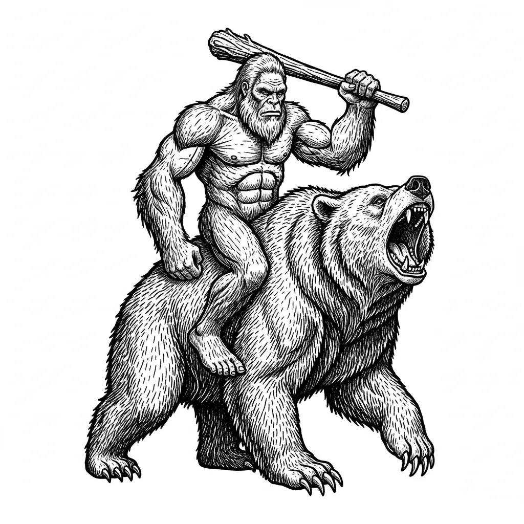 Create an image of Bigfoot riding a grizzly bear