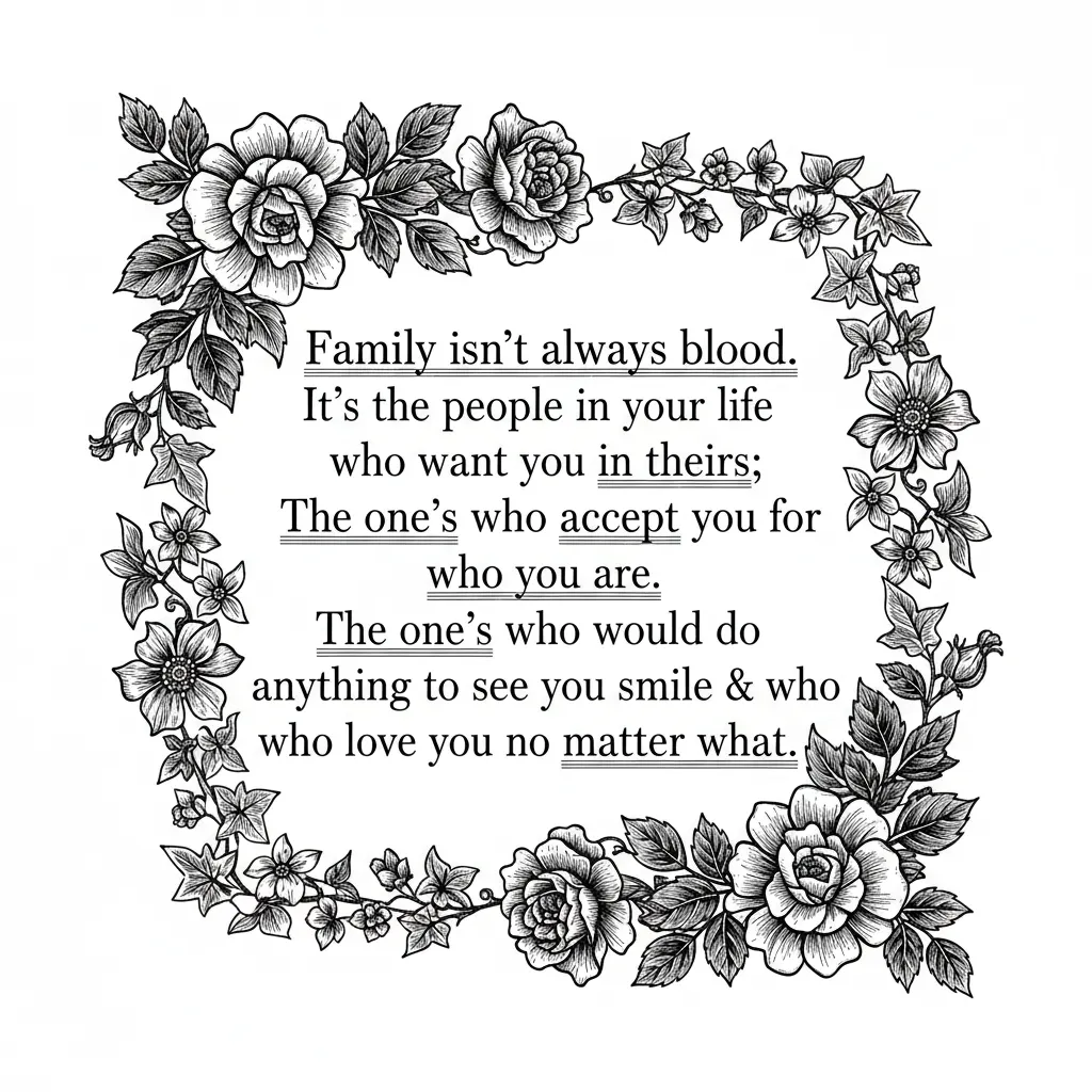 A light floral border on two corners with the saying "Family isn't always blood. It's the people in your life who want you in theirs; The one's who accept you for who you are. The one's who would do anything to see you smile & who love you no matter what.