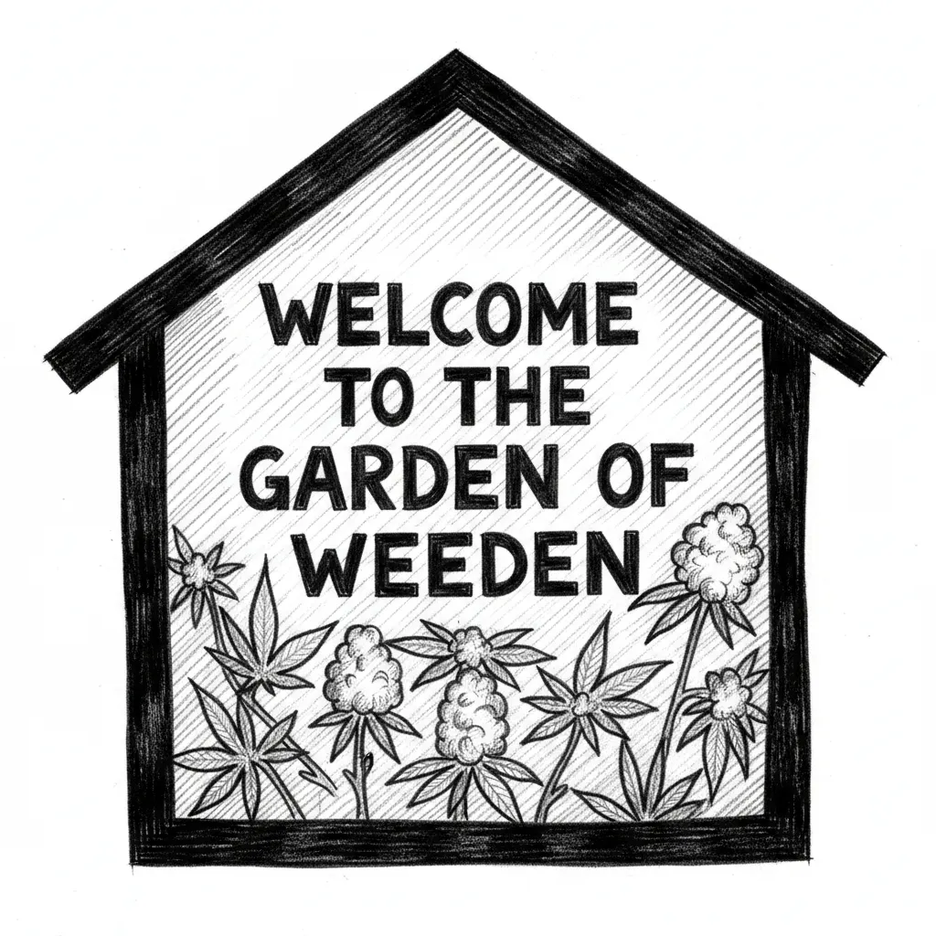 The phrase "Welcome to the garden of weeden" framed with a basic house shape