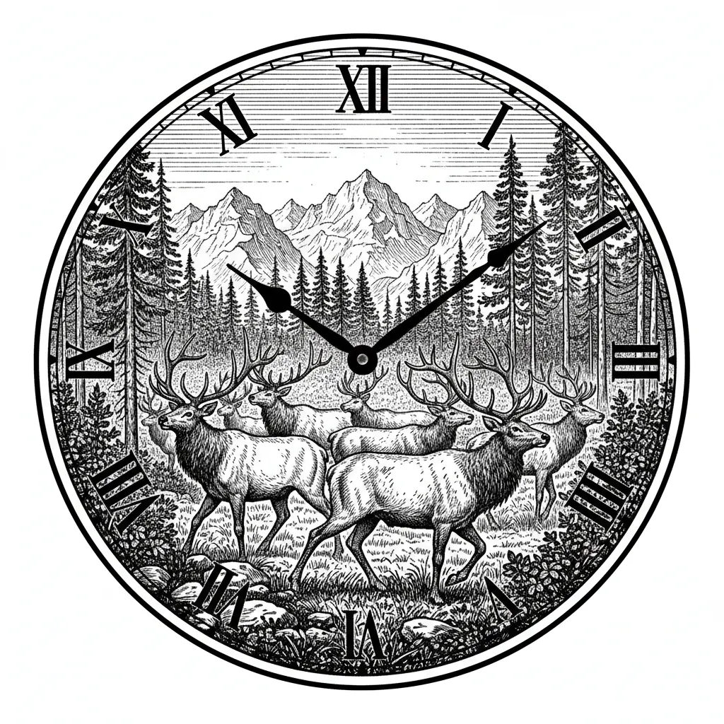 a heard of Elk with a forested mountain background in the image of a clock keeping the entire image on a round surface