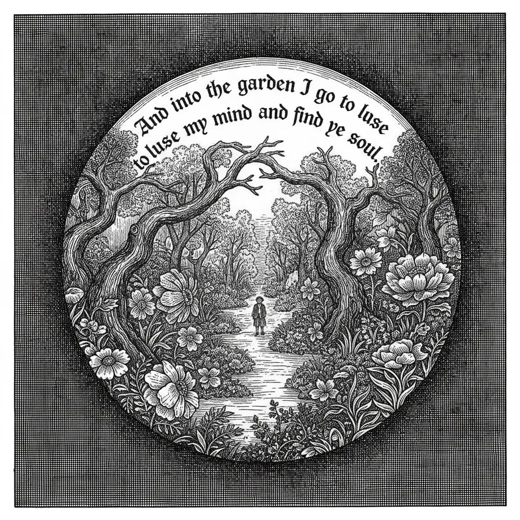 An oval hanging image with "And into the garden I go to lose my mind and find my soul"