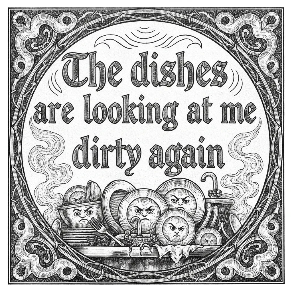 A circular shape with just the quote "The dishes are looking at me dirty again"