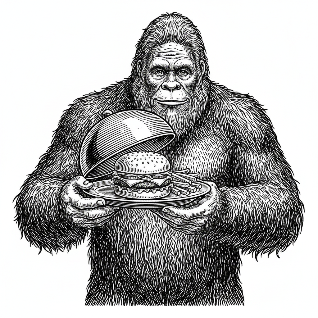 Create an image of bigfoot serving a plate with a hamburger and fries