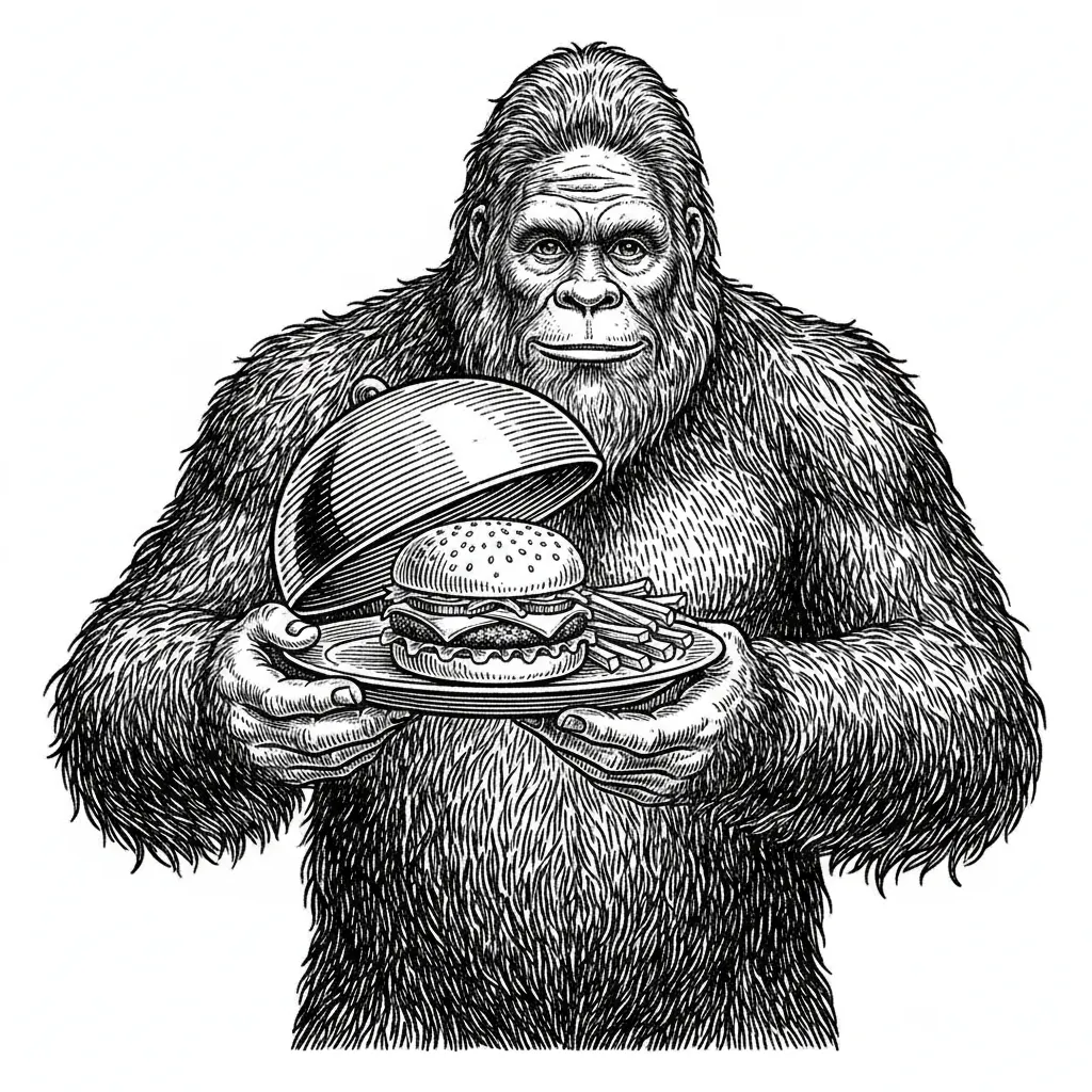 Create an image of bigfoot serving a plate with a hamburger and fries