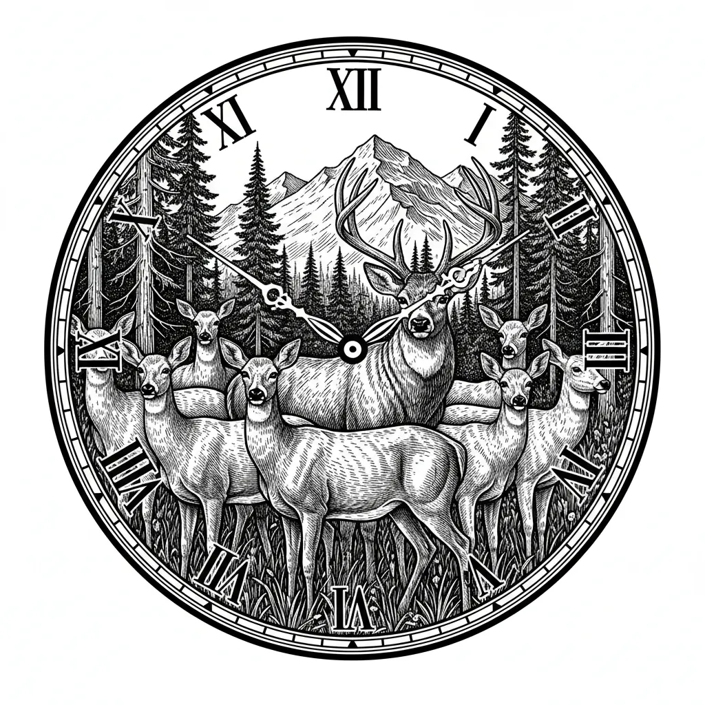 a heard of doe's and a buck in a forested mountain background in the image of a clock keeping the entire image on a round surface