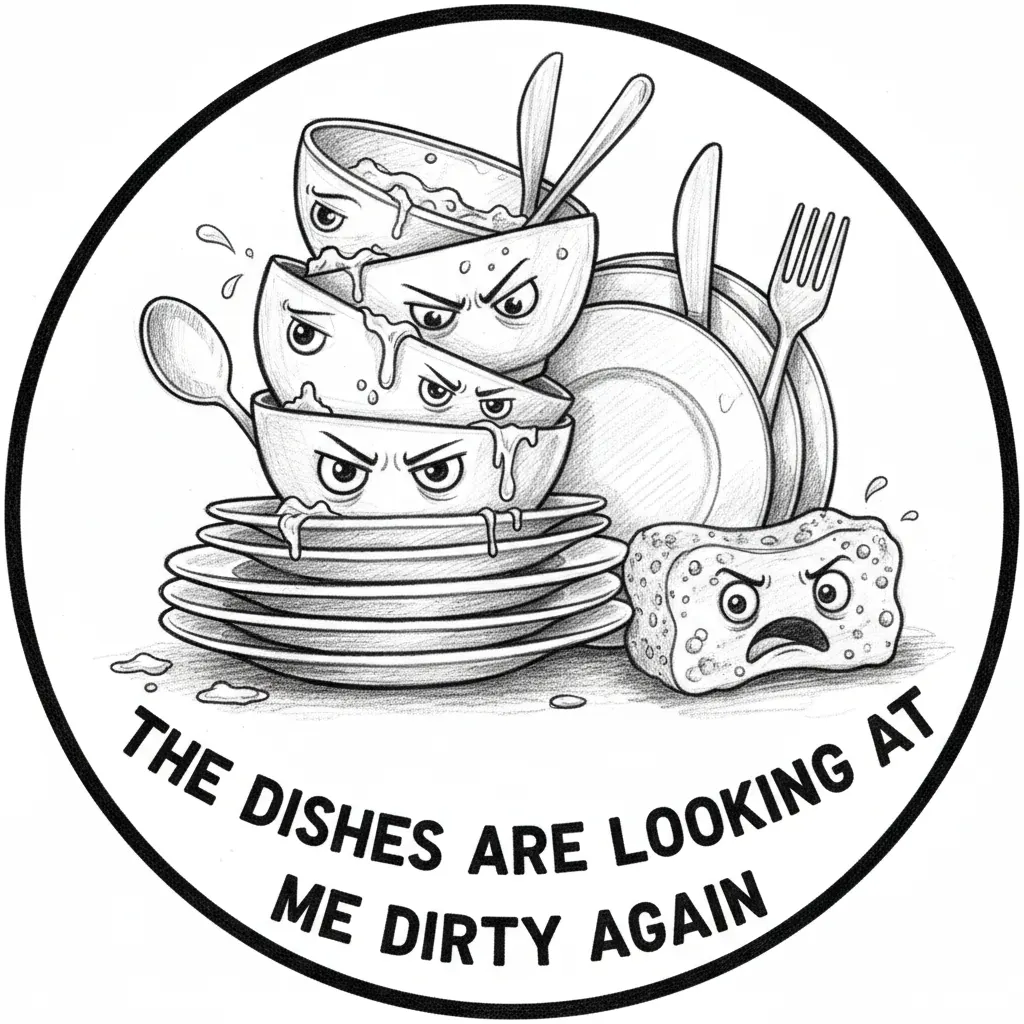 A circular shape with the quote "The dishes are looking at me dirty again"