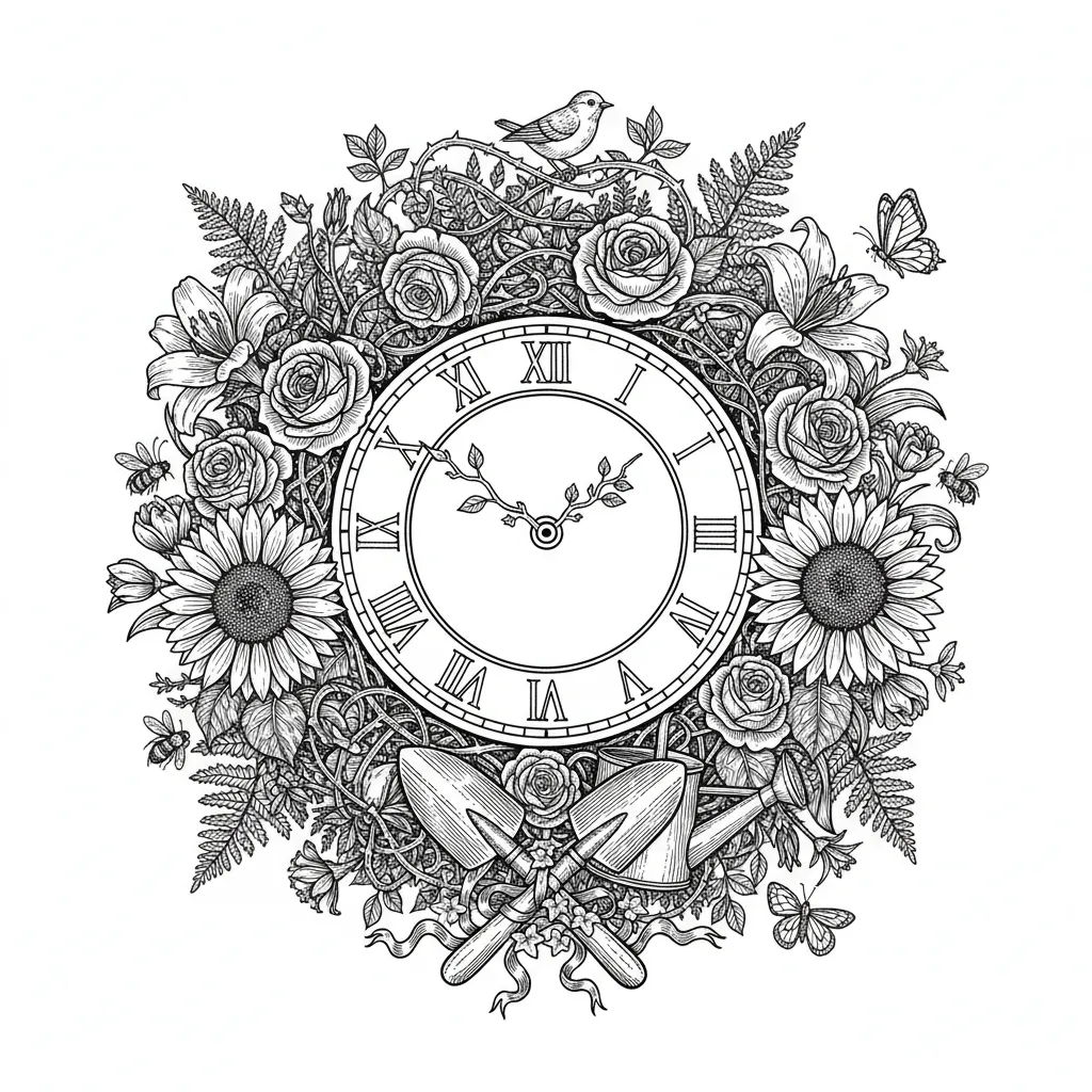 Garden themed clock image in a circle format with the numbers clearly visible in a circle only