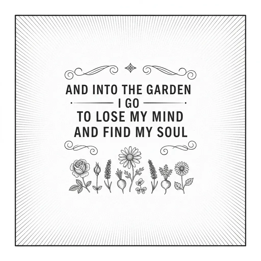 "And into the garden I go to lose my mind and find my soul" with a few small flowers and vegetables below the quote