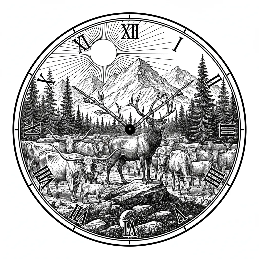 a heard of cow's and a bull elk in a forested mountain background in the image of a clock keeping the entire image on a round surface