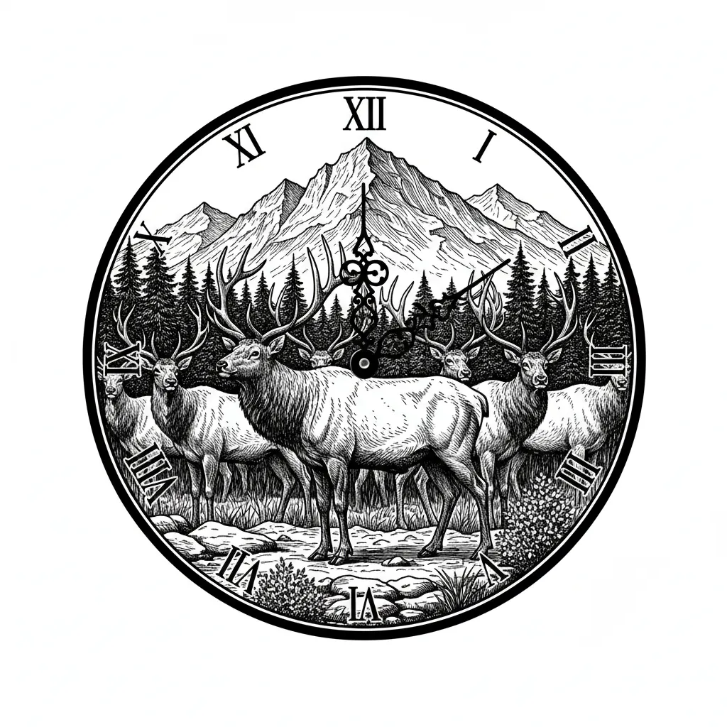 A herd of cow and bull elk with a forested mountain background in the image of a clock keeping the entire image on a round surface