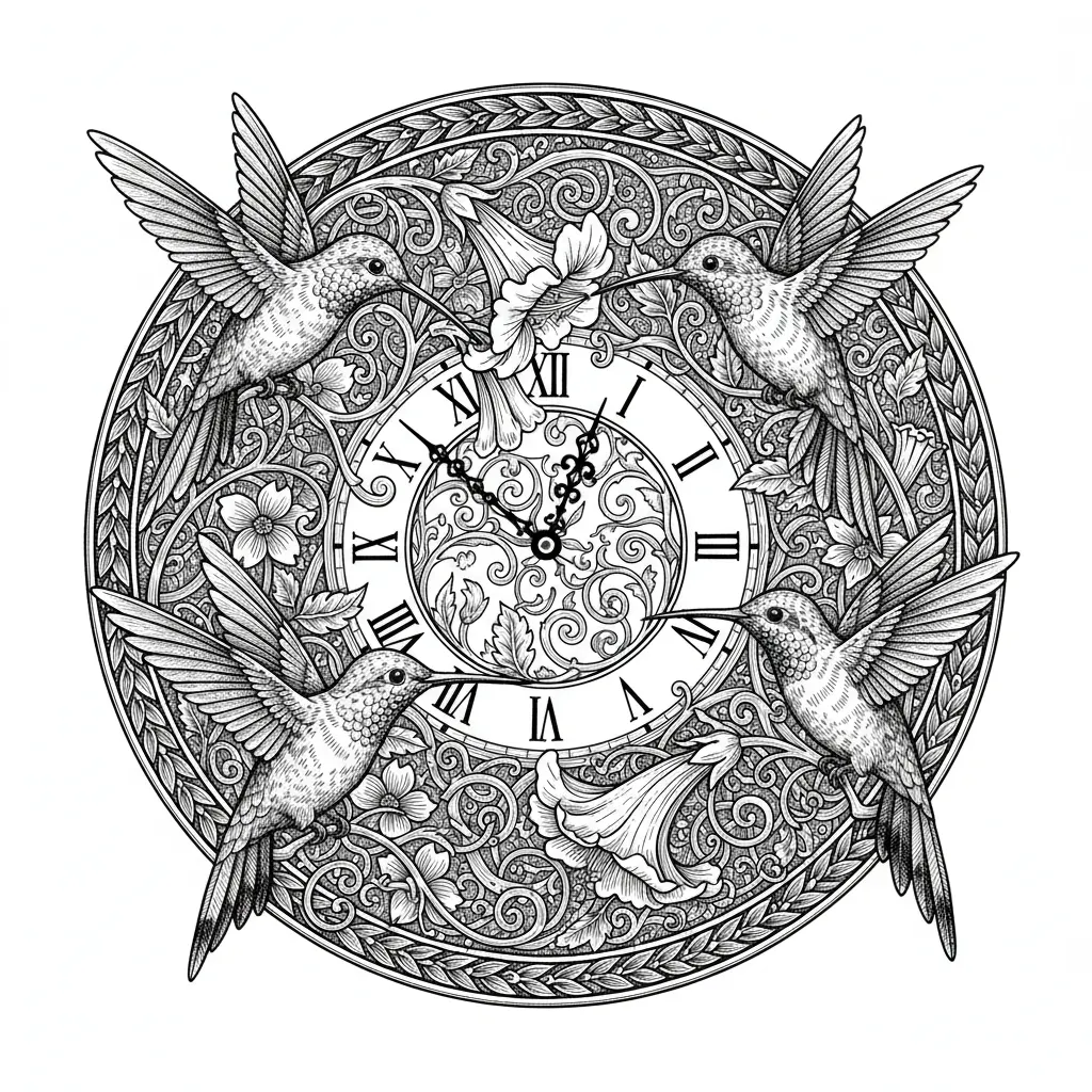 hummingbird themed clock image in a circle format