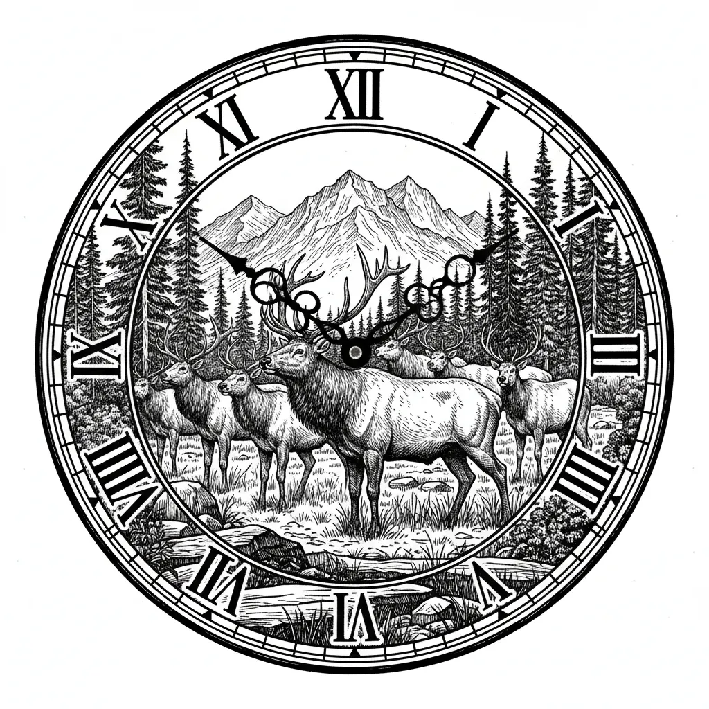 a heard of cow elk and a bull elk in a forested mountain background in the image of a clock keeping the entire image on a round surface