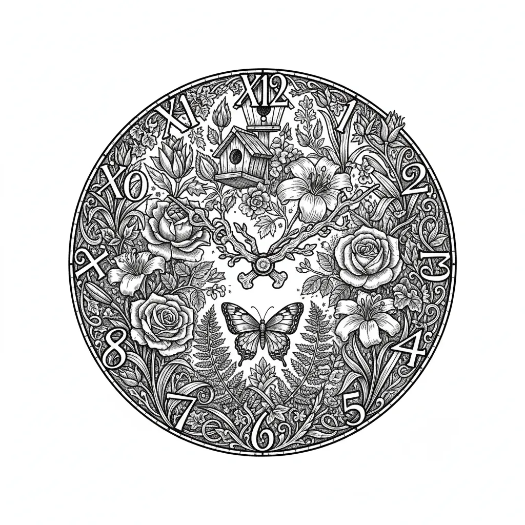 Garden themed clock image in a circle format