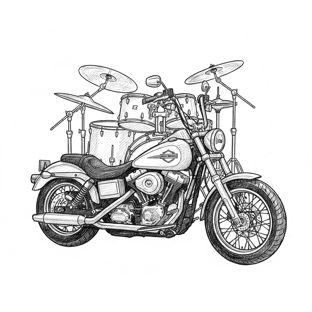 Create an image with a Harley Davidson motorcycle parked in front of a drum set