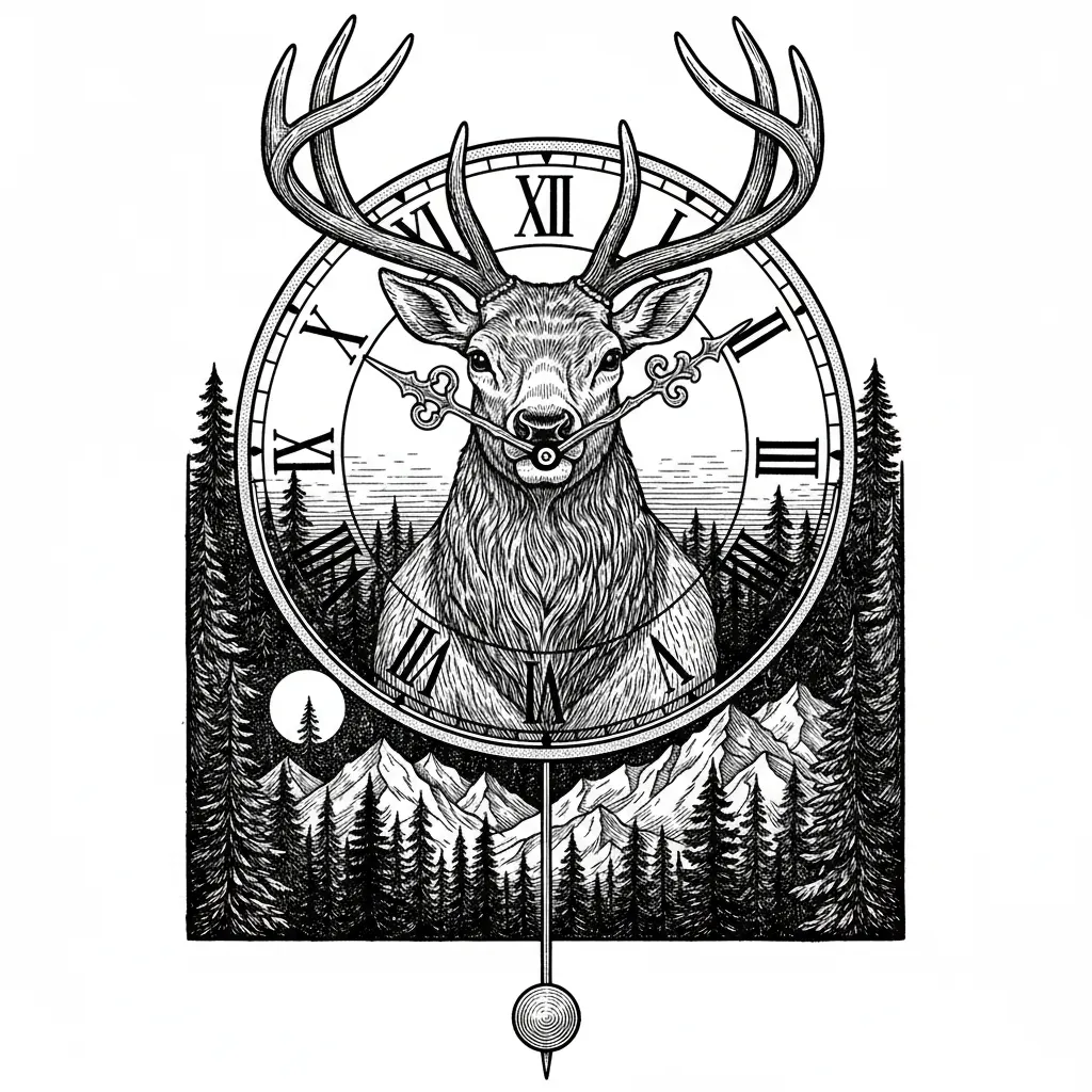 Elk with a forested mountain background in the image of a clock